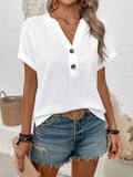 Women Summer Notched V-Neck Button Decor Casual T-Shirt