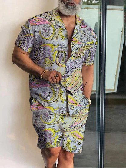 Men's New Polo Collar 3D Printed Casual Slim Fit Shirt Shorts Suit